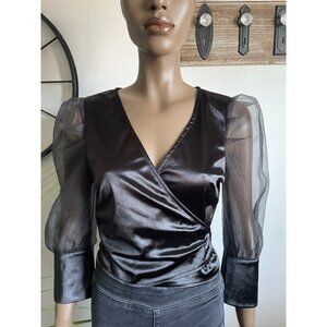 NASTY GAL Black Satin Wrap Top With Sheer Puff Sleeves Womens Size 8